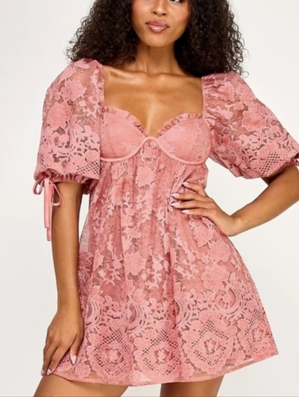 Seni And Cade Lace Open Back Mini Dress Fit Flare Mauve Pink L NWT